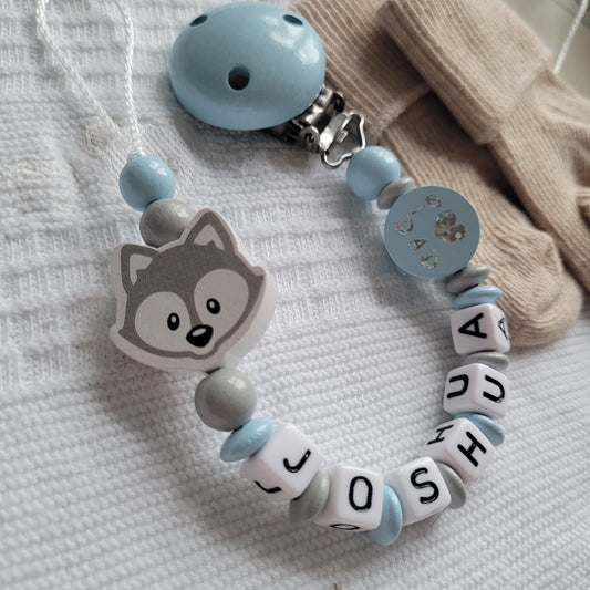 Schnullerkette für Jungen mit Namen Fuchs & I Love Mom & Dad