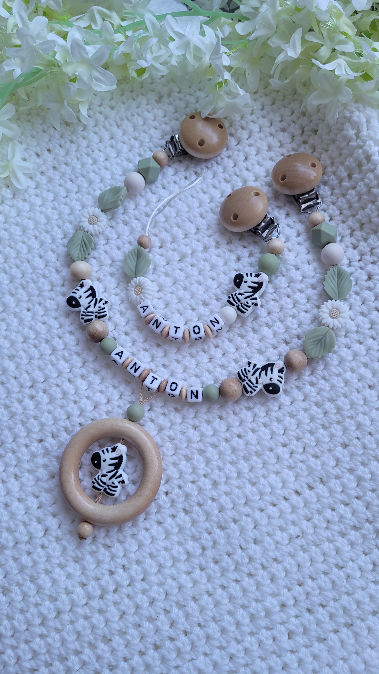 Kinderwagenkette & Schnullerkette Set Baby Zebra holz Salbei grün