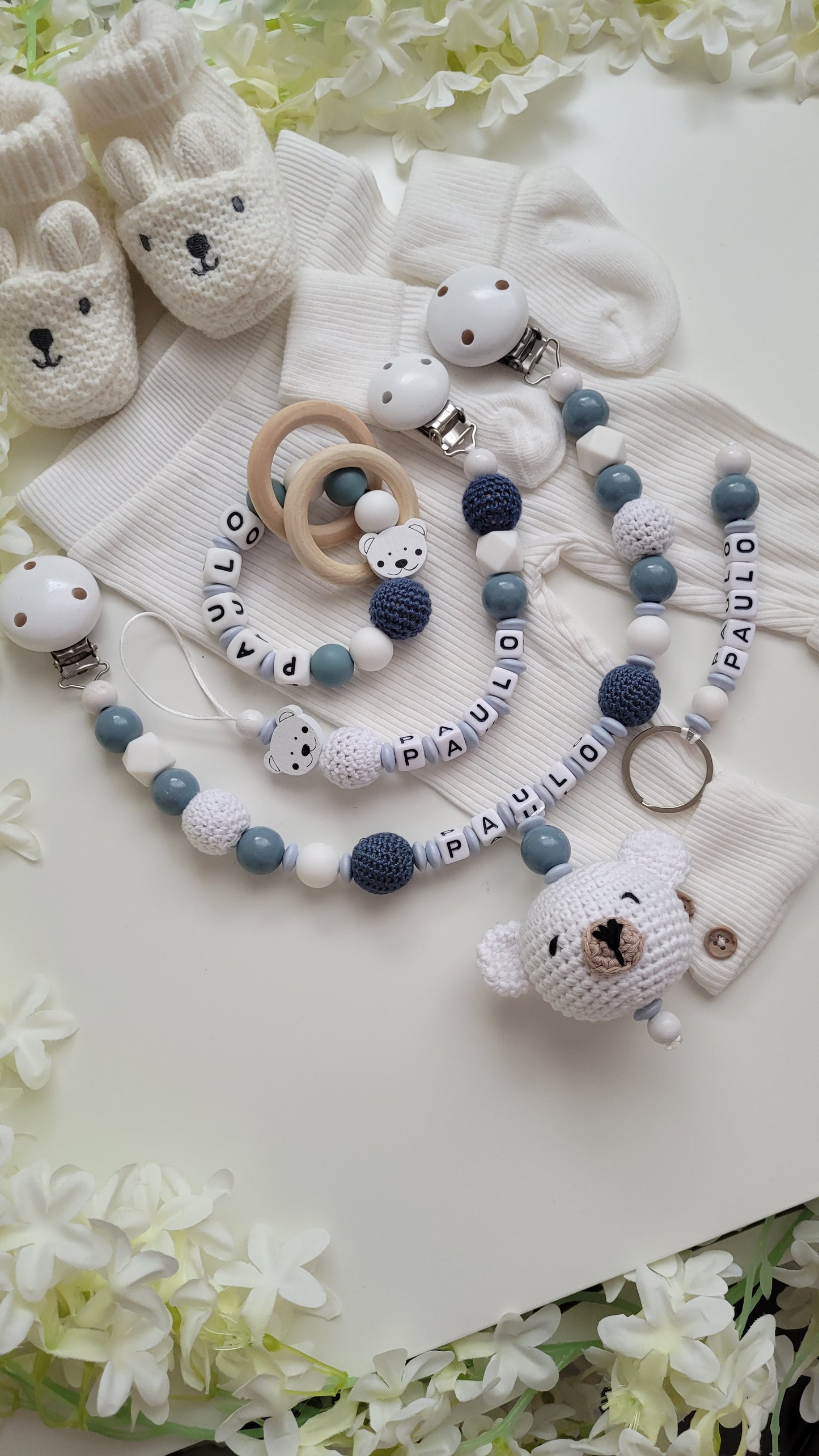 4 tlg Mega Komplett Set inkl. Schlüsselanhänger Bärchen graublau