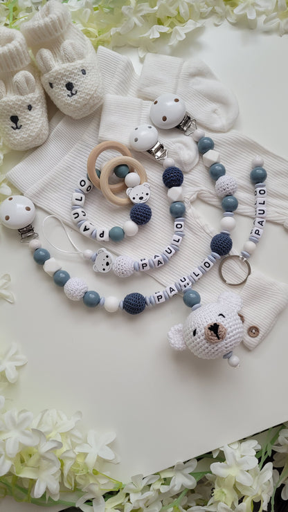 4 tlg Mega Komplett Set inkl. Schlüsselanhänger Bärchen graublau