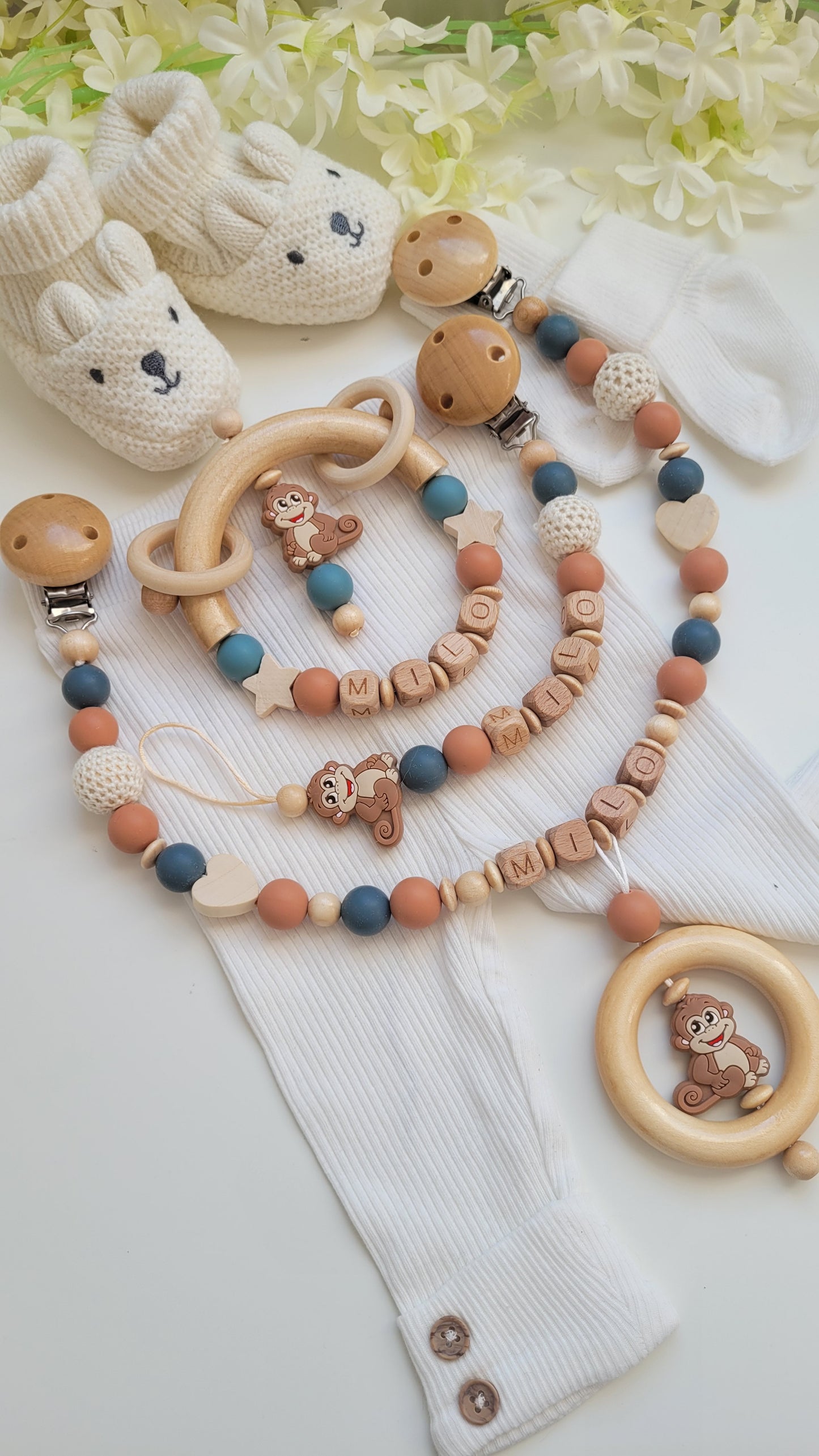 3tlg Set Schnullerkette Kinderwagenkette Greifling personalisiert