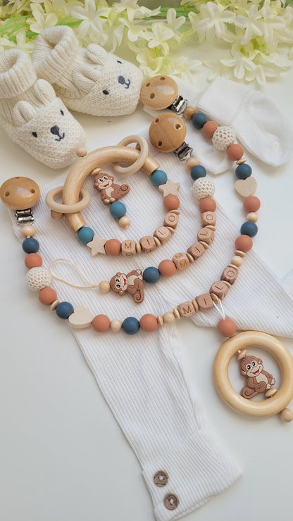 3tlg Set Schnullerkette Kinderwagenkette Greifling personalisiert