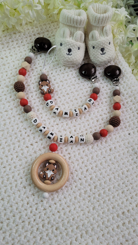 Kinderwagenkette & Schnullerkette Set Baby Fuchs für Jungen braun rostrot