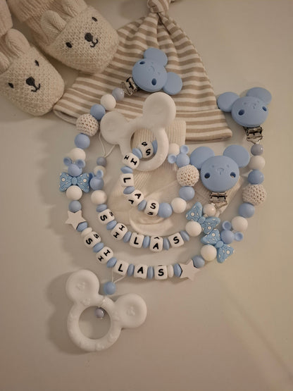 3er-Set Schnullerkette Kinderwagenkette & Greifring mit Namen Maus weiss hellblau