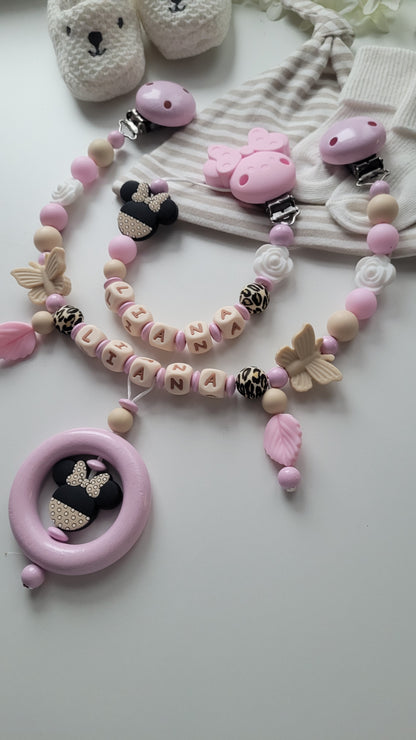 Kinderwagenkette & Schnullerkette mit Namen Minnie Maus Rosen leo
