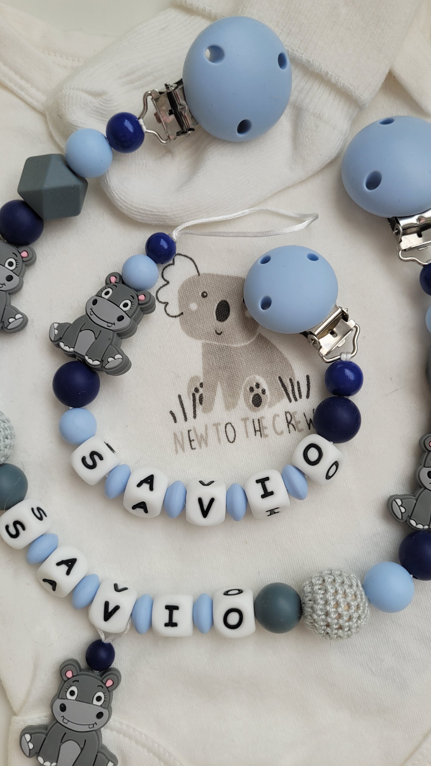 Kinderwagenkette & Schnullerkette *Nilpferd* hellblau