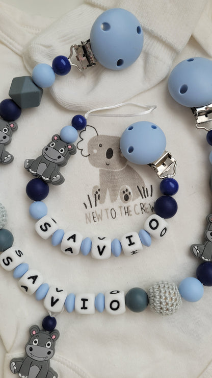 Kinderwagenkette & Schnullerkette *Nilpferd* hellblau
