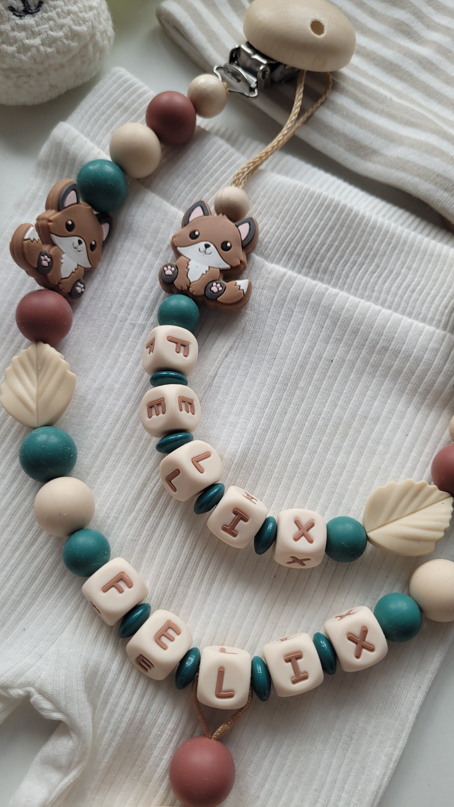 3tlg.Set Schnullerkette Kinderwagenkette & Greifring mit Namen Fuchs petrol beige