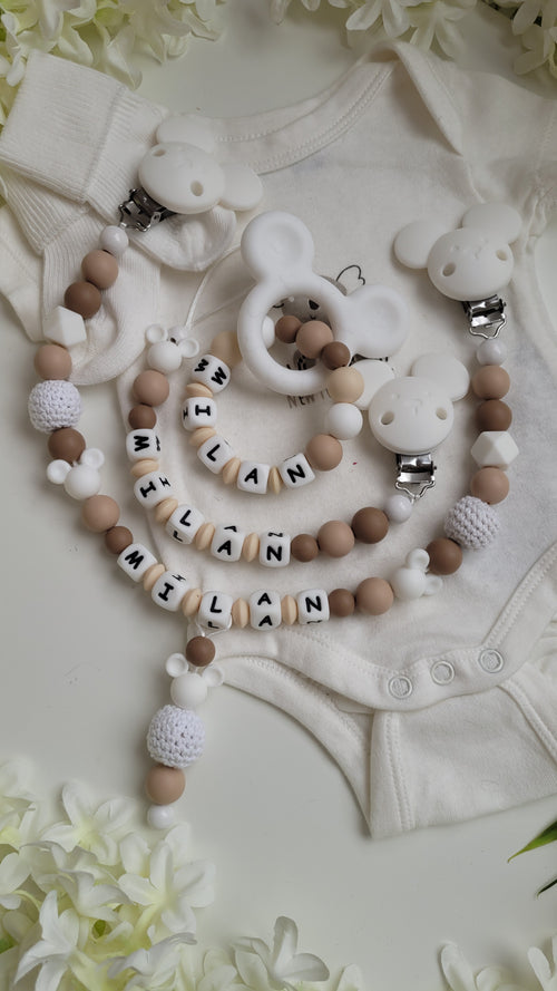 3tlg Set Schnullerkette Kinderwagenkette Greifling Maus  beige weiss