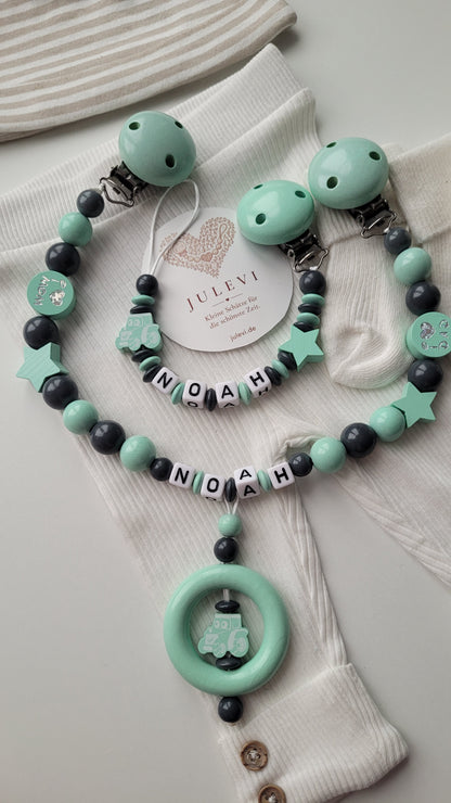 Kinderwagenkette & Schnullerkette Set mit Namen Traktor mint grau| personalisiert