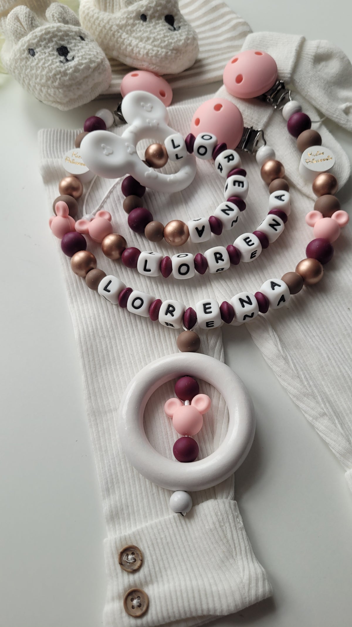3er Set Kinderwagenkette & Schnullerkette mit Namen + Greifring für Mädchen Maus