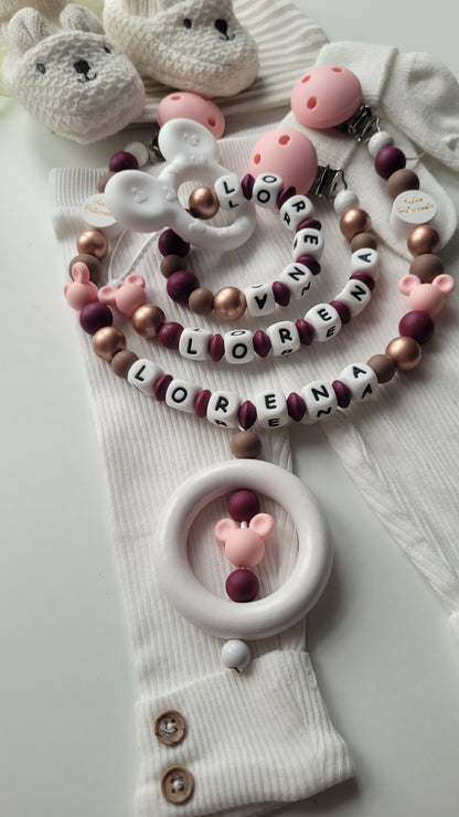 3er Set Kinderwagenkette & Schnullerkette mit Namen + Greifring für Mädchen Maus