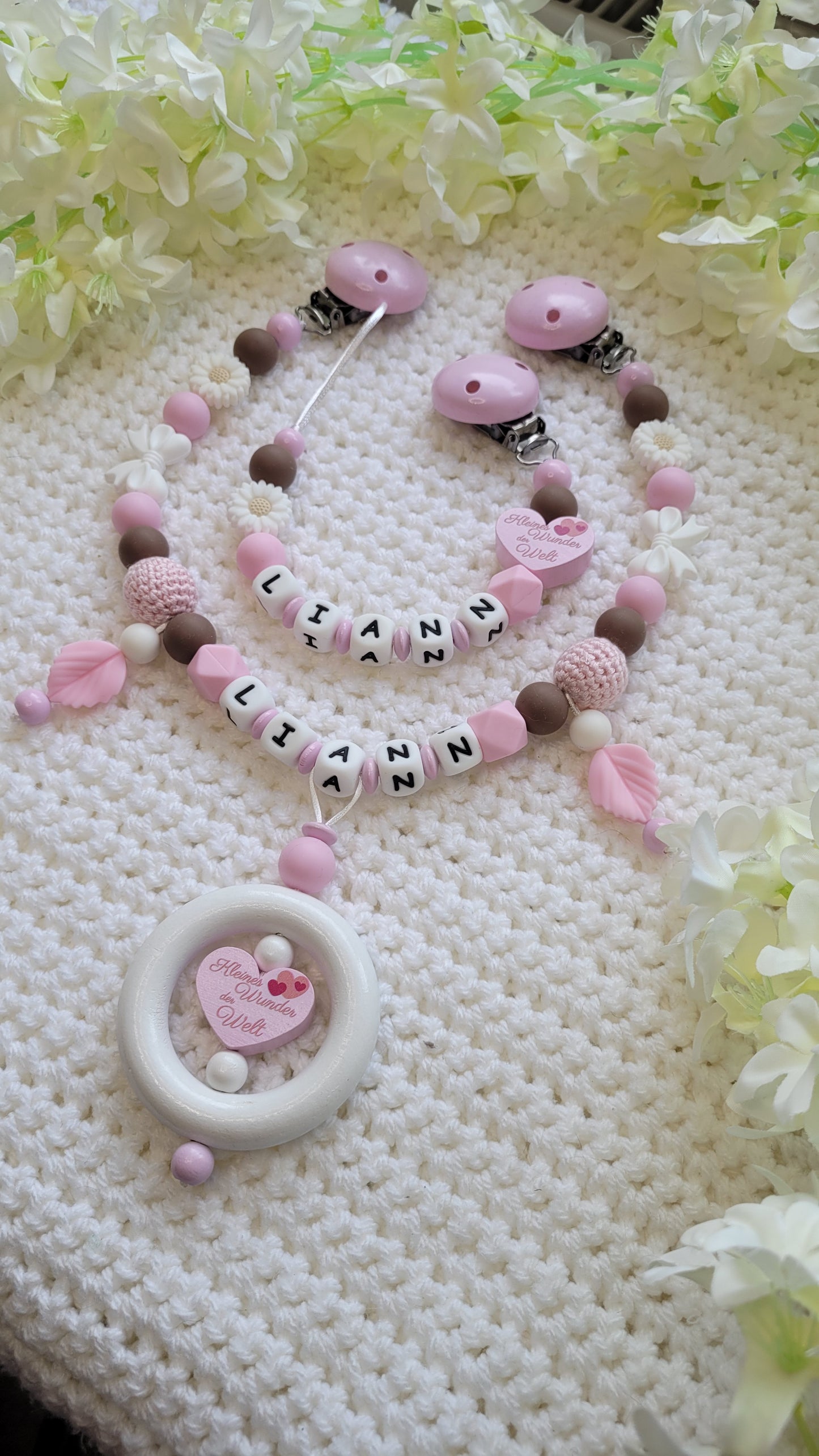 Kinderwagenkette & Schnullerkette mit Namen rosa Kleines Wunder der Welt