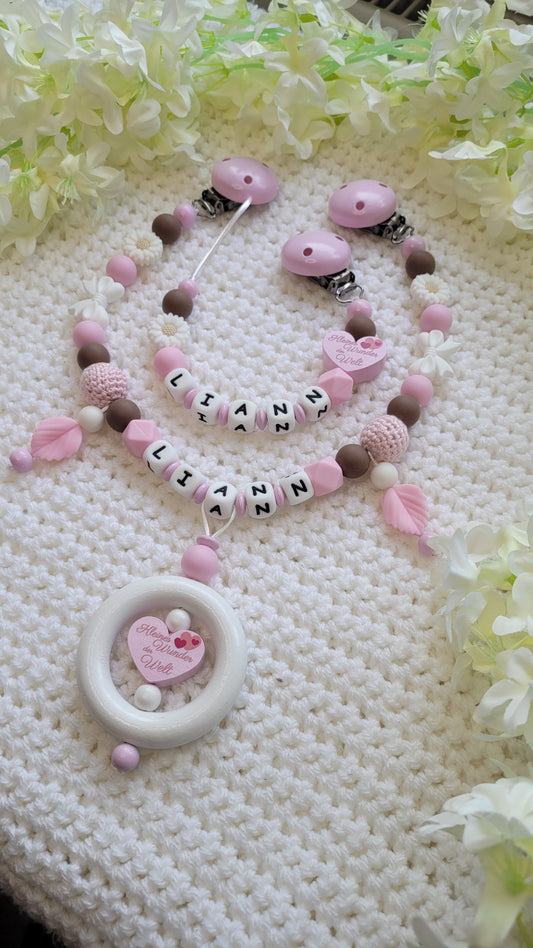 Kinderwagenkette & Schnullerkette mit Namen rosa Kleines Wunder der Welt