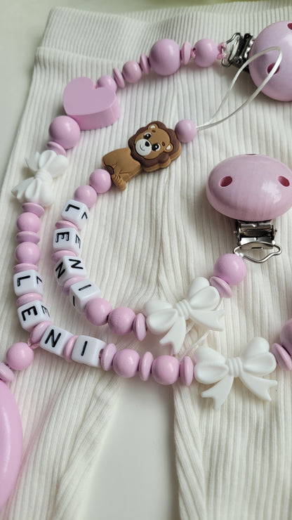 Kinderwagenkette & Schnullerkette mit Namen Löwe rosa