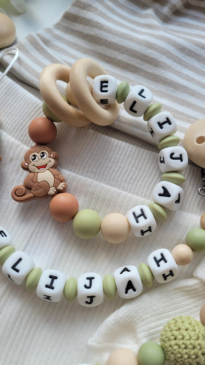 3tlg Set Schnullerkette Kinderwagenkette Greifring mit Namen | Affen | Beige Grün