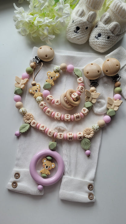 3tlg. Set Schnullerkette Kinderwagenkette & Spielring mit Namen Koala & Schmetterling rosa grün leo