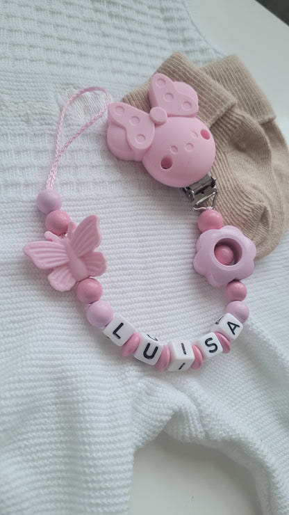 Schnullerkette mit Namen für Mädchen Schmetterling & Blume rosa babyrosa
