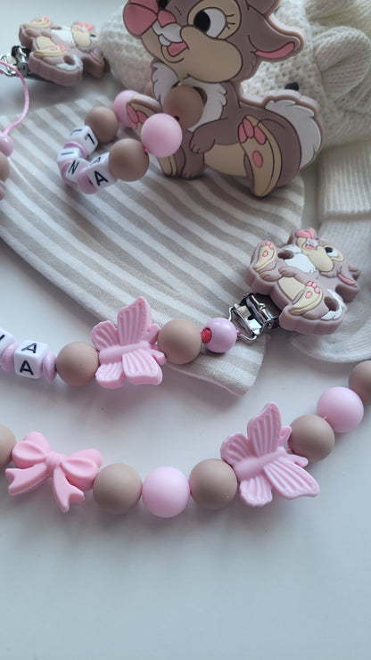 3tlg Set Schnullerkette Kinderwagenkette Beissring Hase Schmetterling rosa taupe
