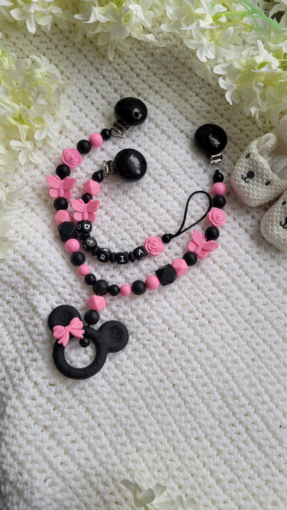 Kinderwagenkette & Schnullerkette mit Namen für Mädchen Schmetterling Maus schwarz pink
