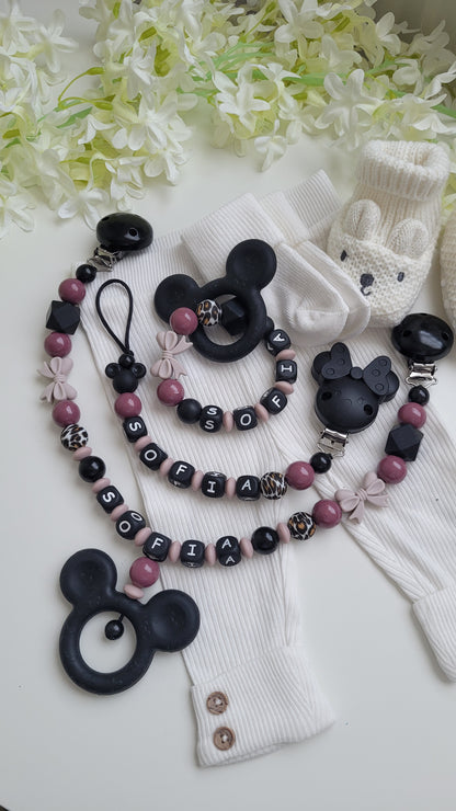 3tlg Set  Maus graurose leo Schnullerkette Kinderwagenkette und Greifring