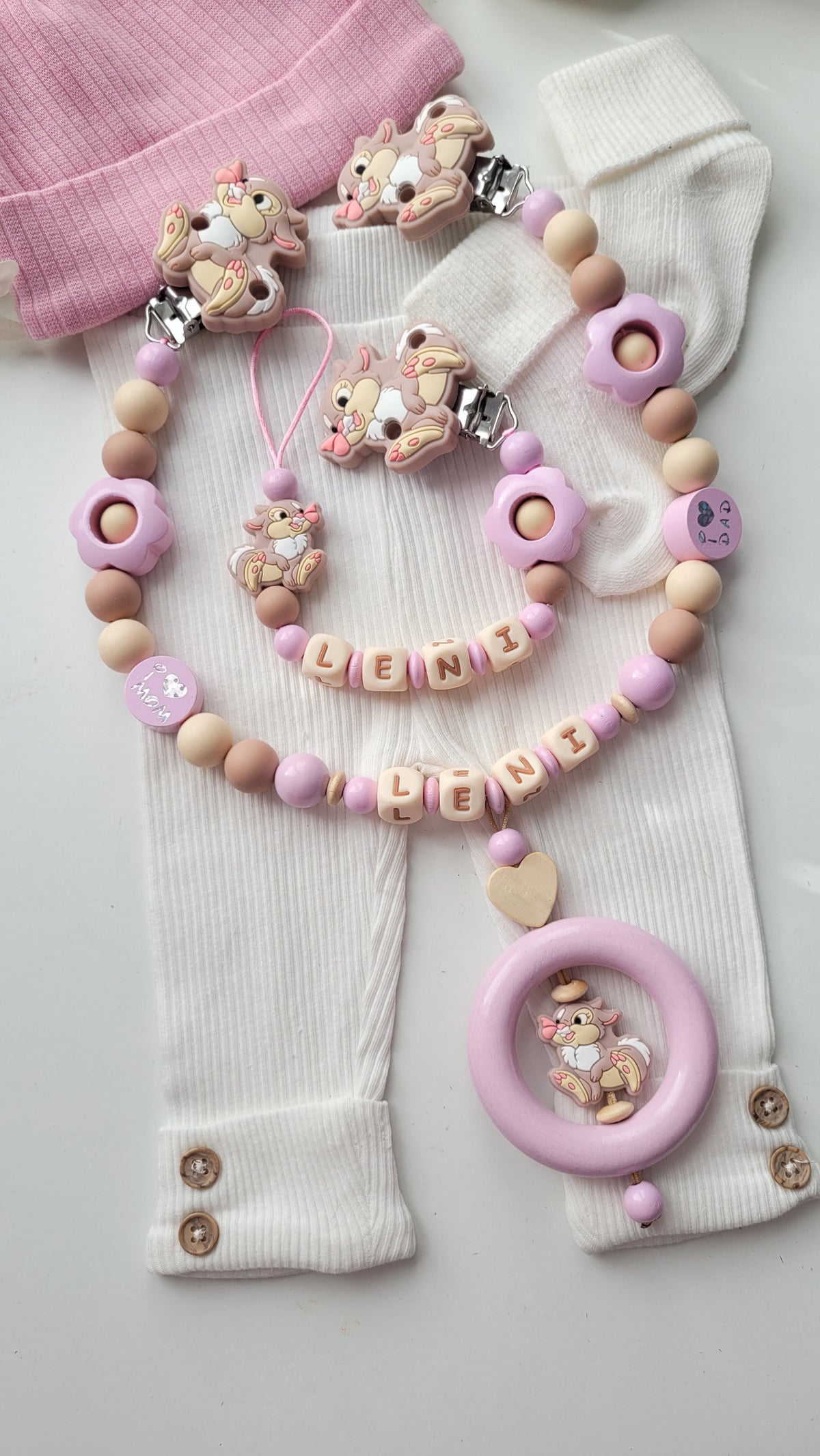 3tlg Set Schnullerkette Kinderwagenkette Beissring Hase & Blumen rosa taupe