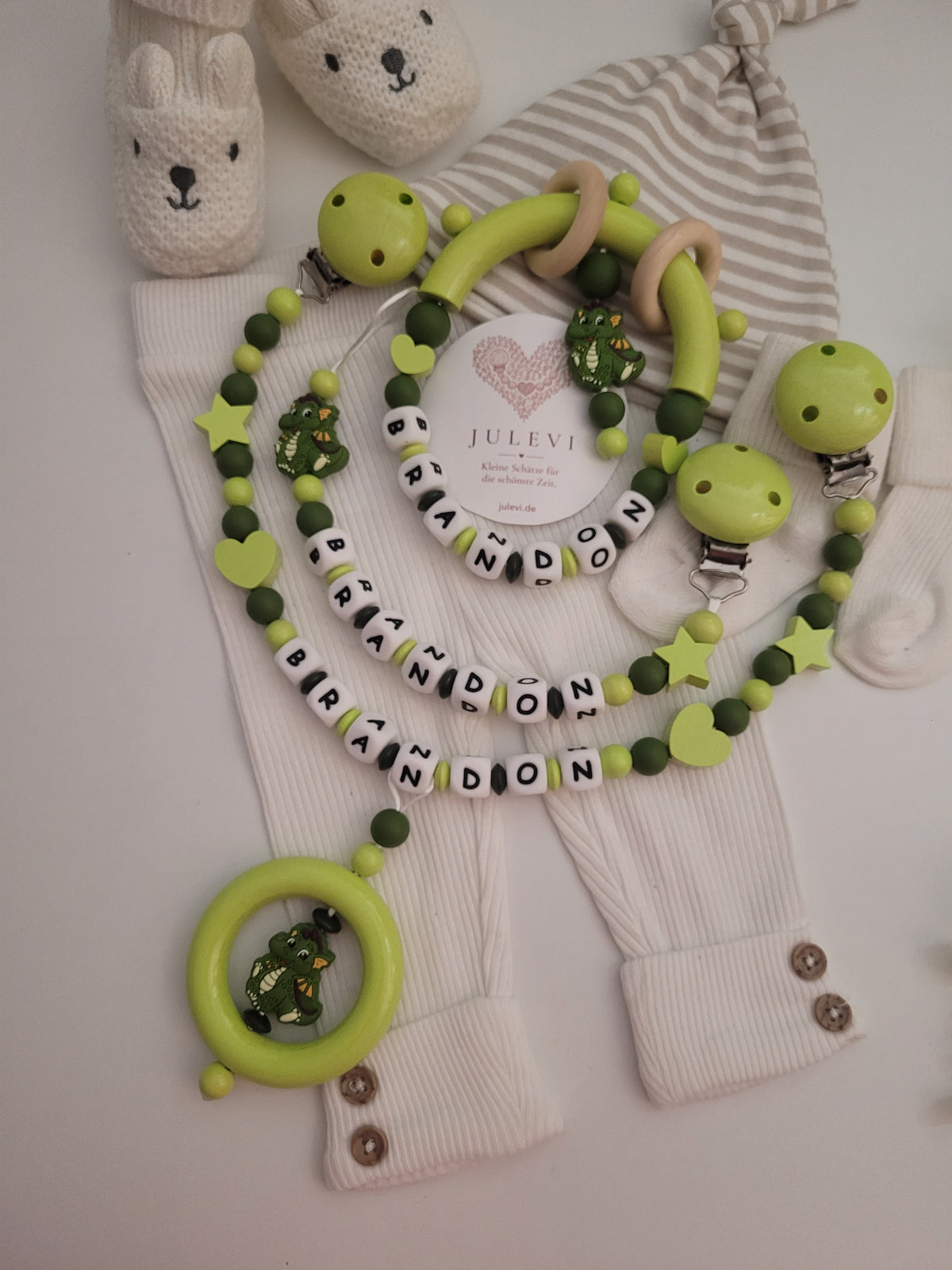3er Set Schnullerkette, Kinderwagenkette & Beißring mit Namen Drache dunkelgrün hellgrün