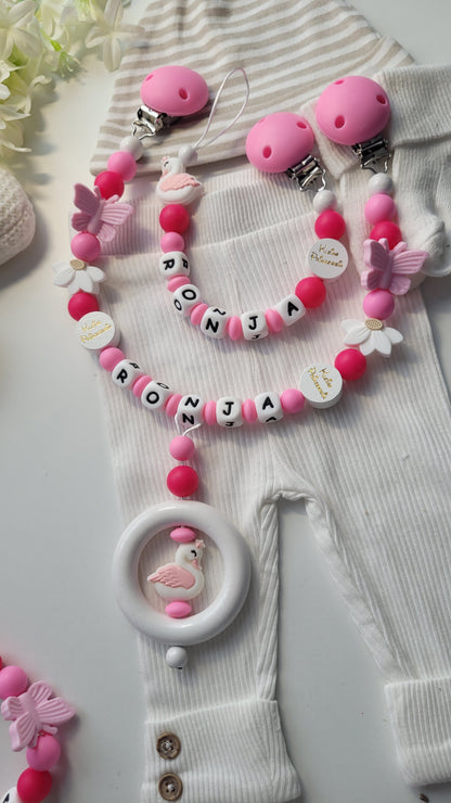 3er Set Schnullerkette Kinderwagenkette & Greifring Schwan & Blumen pink
