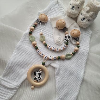 Kinderwagenkette & Schnullerkette Set Baby Zebra holz Salbei grün
