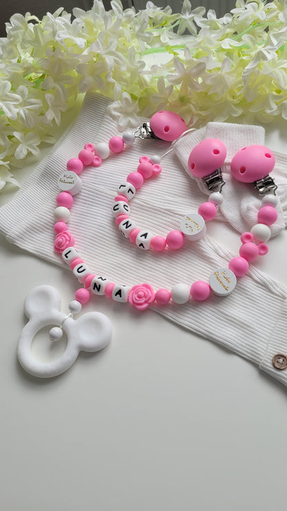 Kinderwagenkette & Schnullerkette mit Namen Minnie Maus kleine Prinzessin