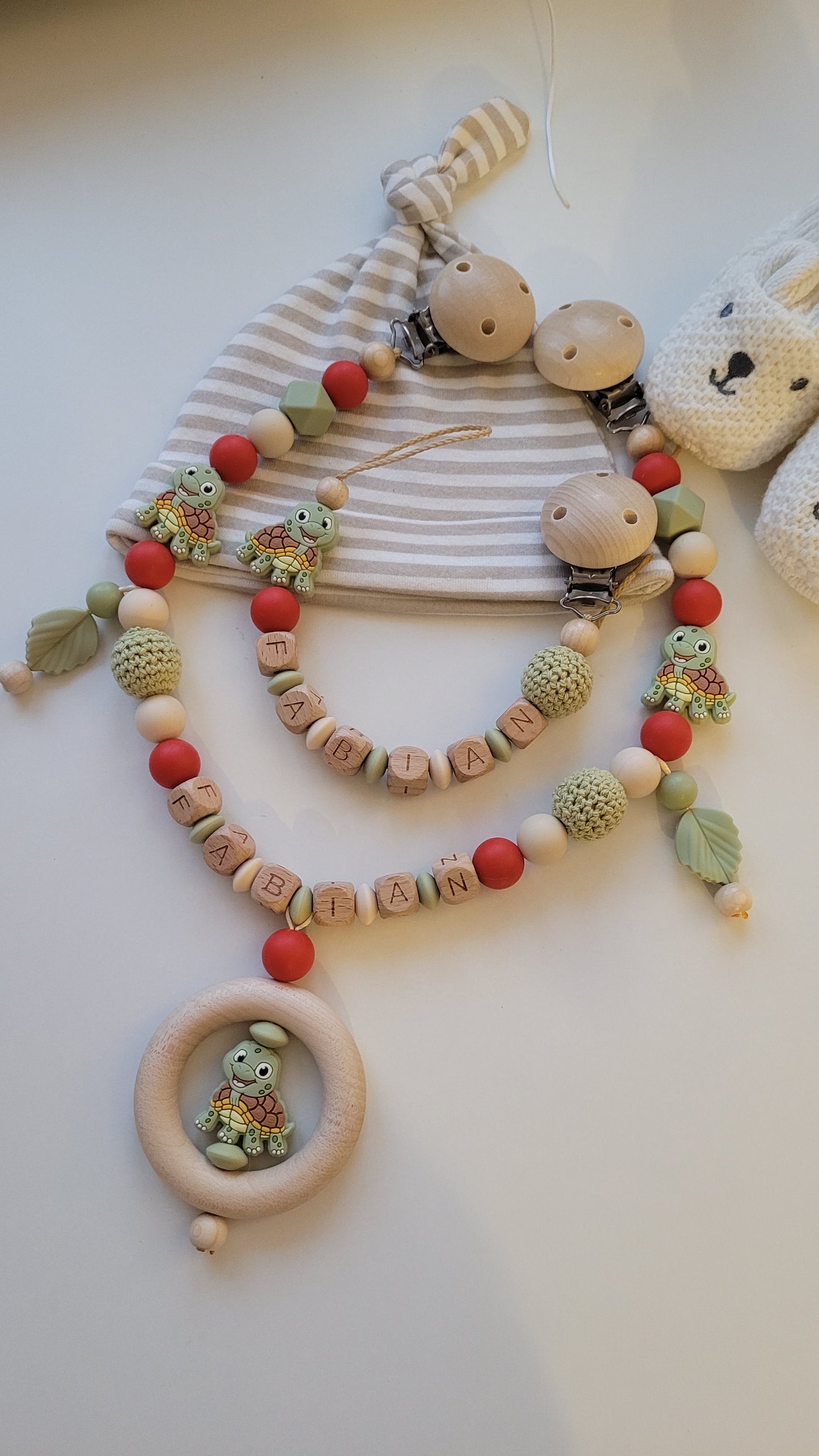 Schnullerkette Kinderwagenkette & Beissring mit Namen Schildkröte beige rost grün