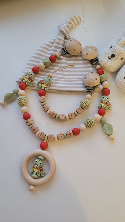 Schnullerkette Kinderwagenkette & Beissring mit Namen Schildkröte beige rost grün