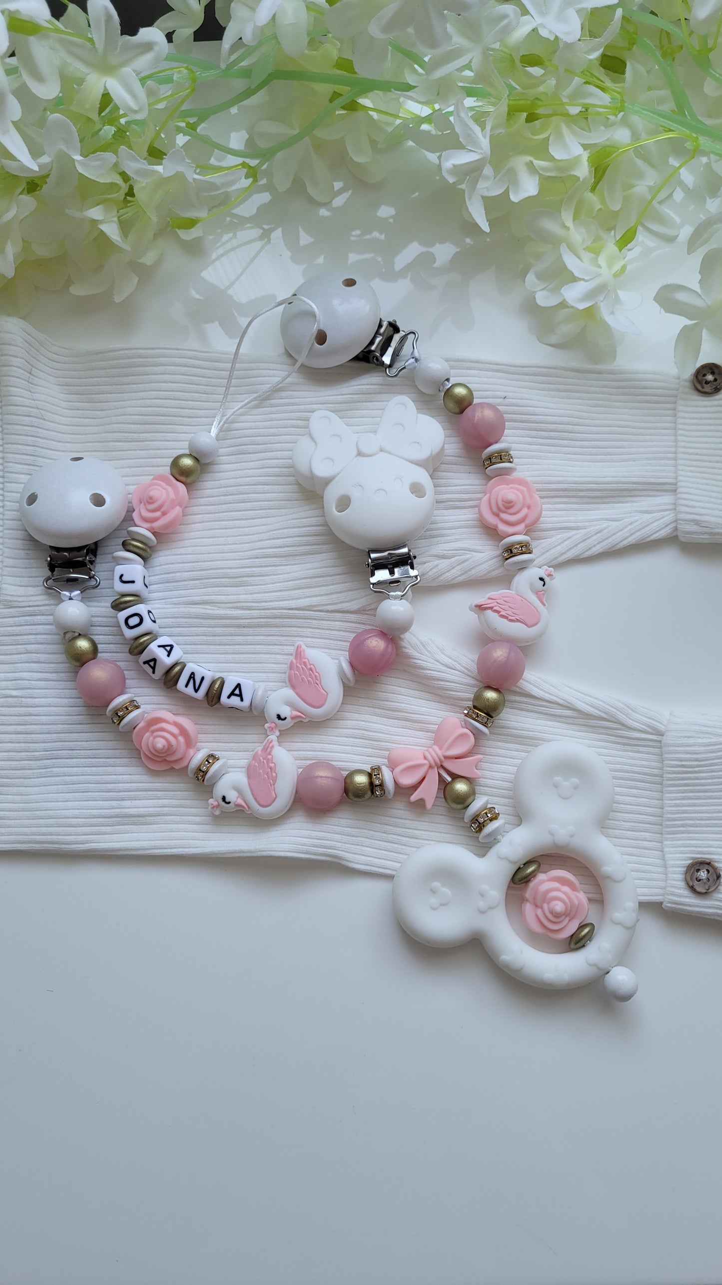 Kinderwagenkette & Schnullerkette *Schwan Prinzessin* rose apricot gold