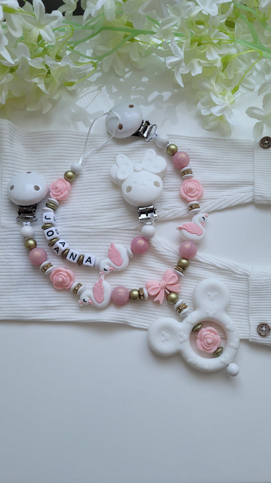 Kinderwagenkette & Schnullerkette *Schwan Prinzessin* rose apricot gold