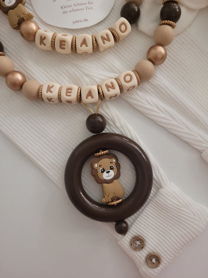Kinderwagenkette & Schnullerkette Set mit Namen Löwe gold braun | personalisiert