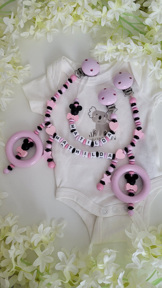 Kinderwagenkette & Schnullerkette Minnie babyrosa schwarz
