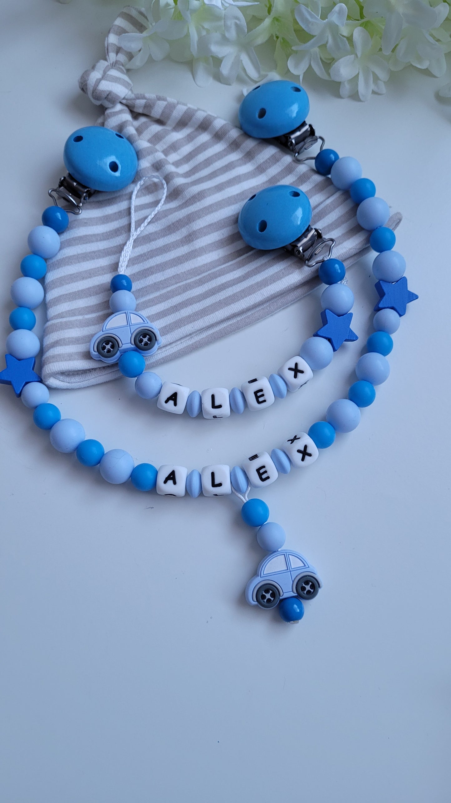 Kinderwagenkette & Schnullerkette mit Namen Auto blau