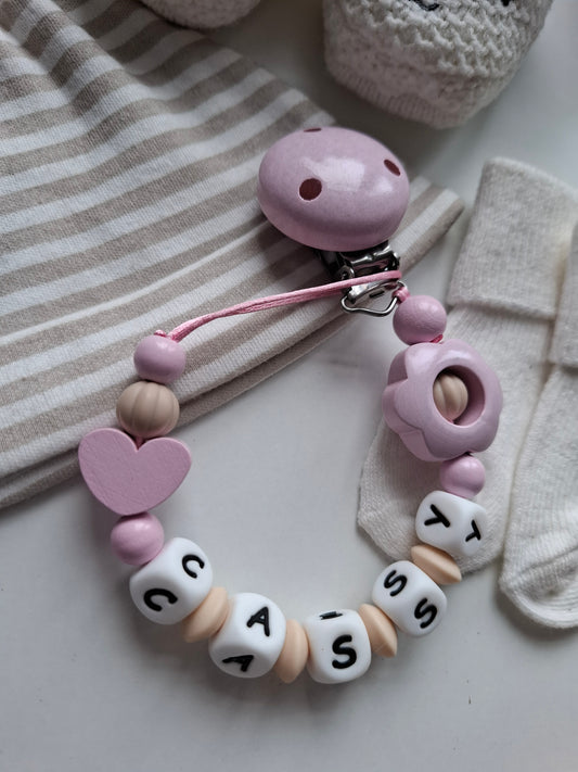 Schnullerkette mit Namen für Mädchen Herz & Blume rosa beige personalisiert