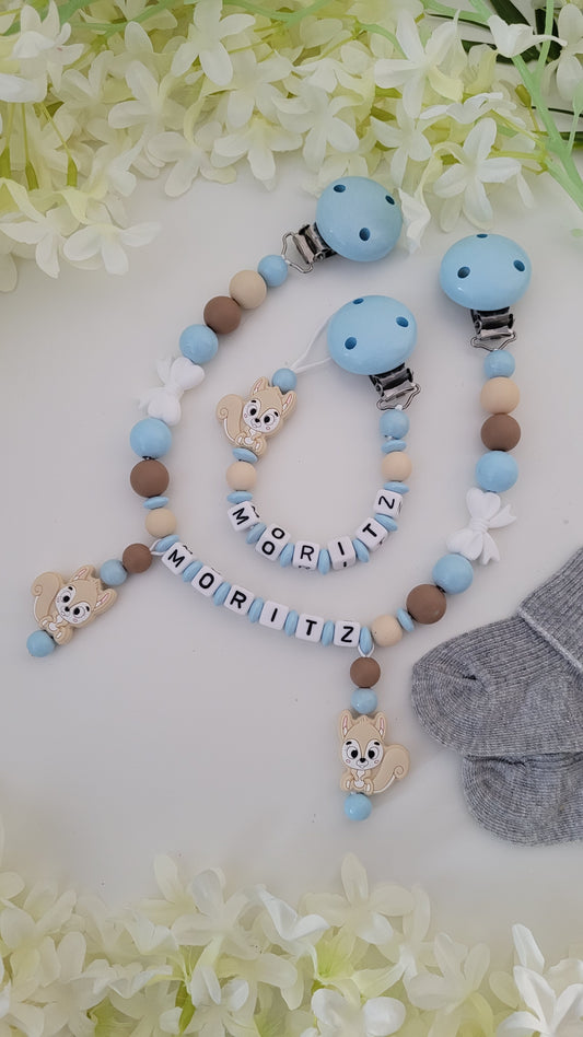 Kinderwagenkette & Schnullerkette *Eichhörnchen* blau beige