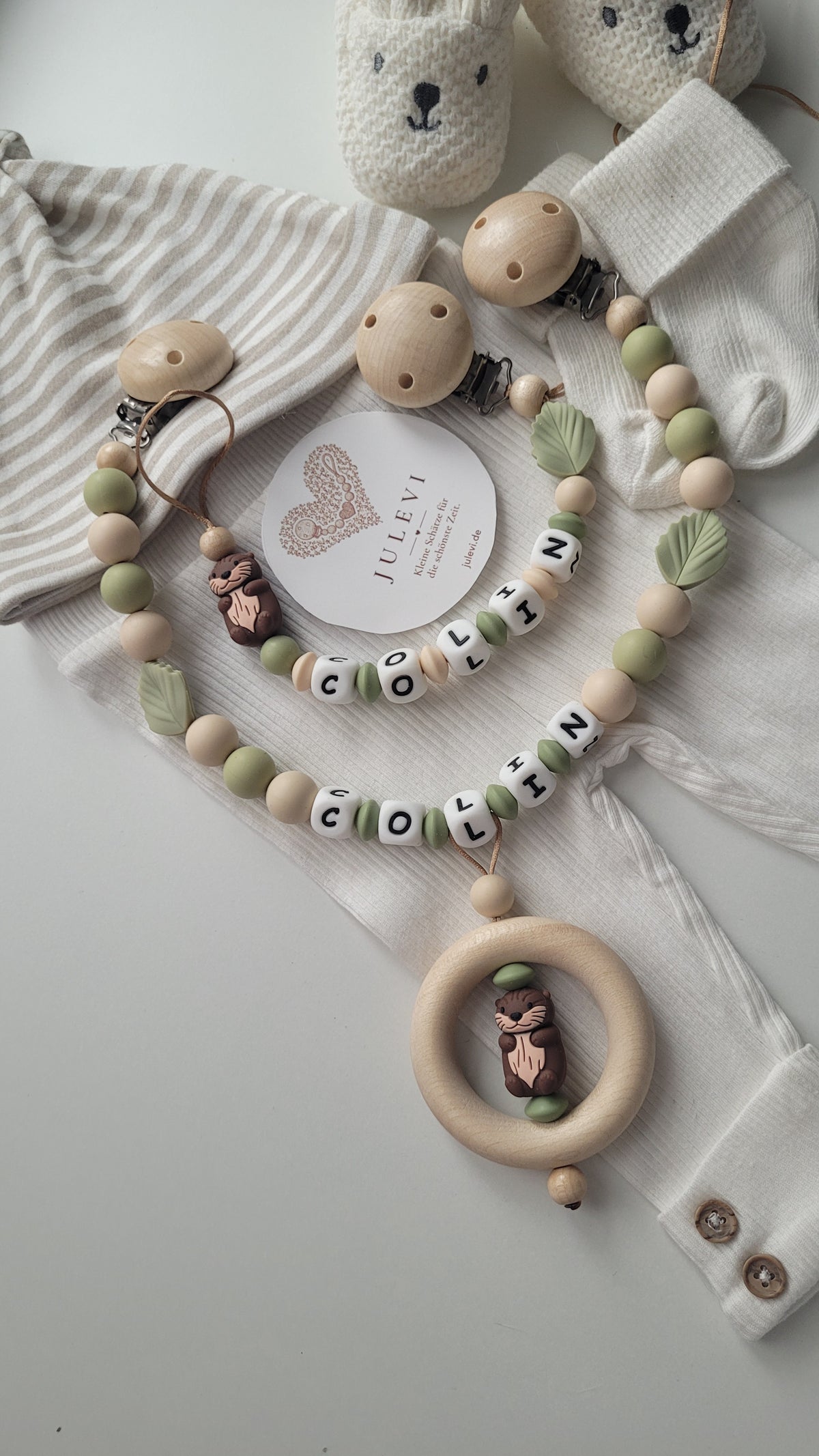 Kinderwagenkette & Schnullerkette Set Baby Otter beige braun grün | personalisiert