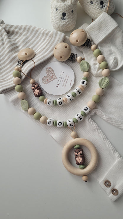 Kinderwagenkette & Schnullerkette Set Baby Otter beige braun grün | personalisiert
