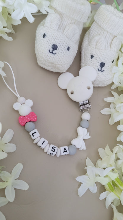 Schnullerkette mit Namen für Mädchen Maus & Schleife grau pink