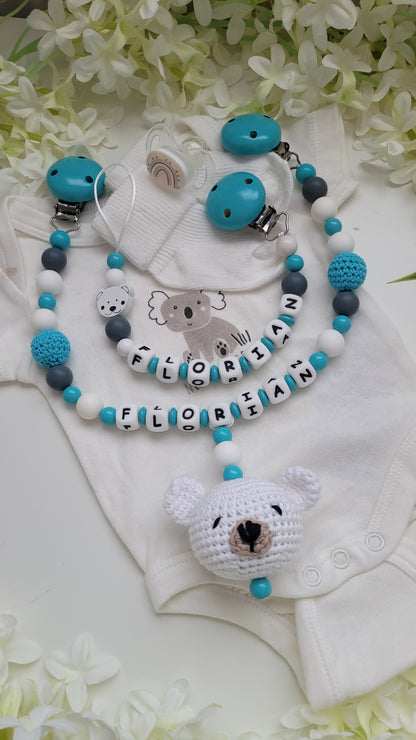 Kinderwagenkette & Schnullerkette Teddybär türkis