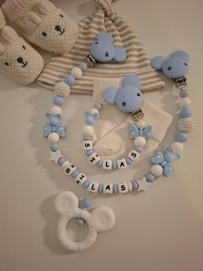 3er-Set Schnullerkette Kinderwagenkette & Greifring mit Namen Maus weiss hellblau