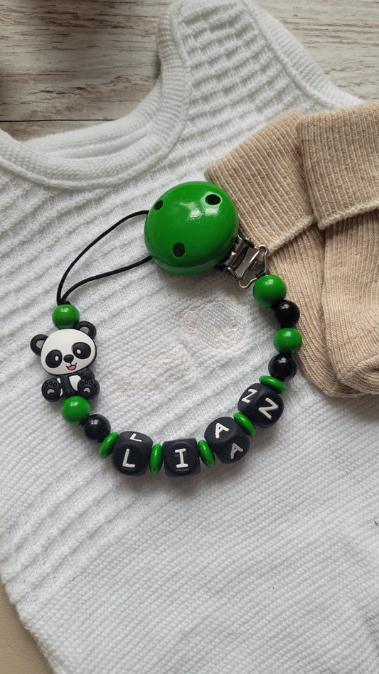 Schnullerkette mit Namen Panda grün schwarz
