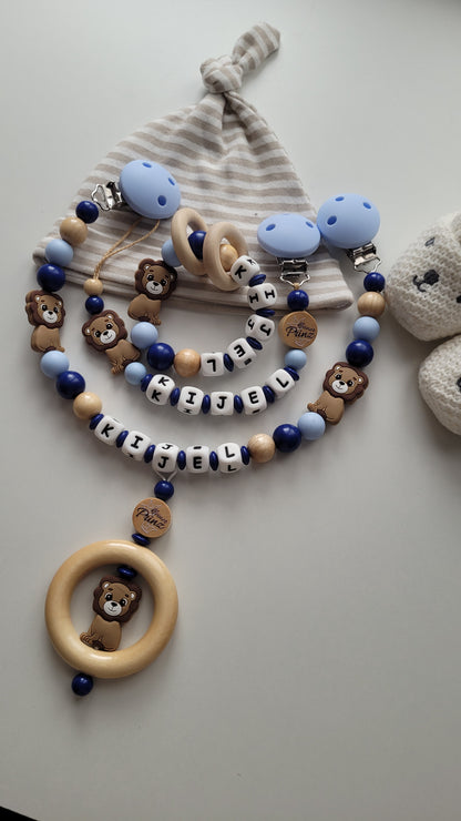 Schnullerkette Kinderwagenkette Greifling Löwe blau dunkelblau holz