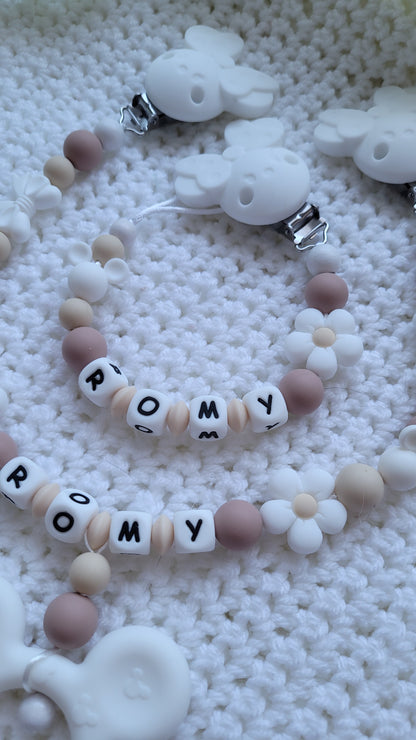 Kinderwagenkette & Schnullerkette *Minnie Prinzessin* beige weiss