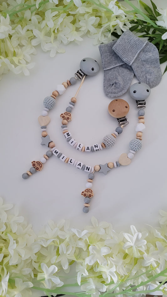 Kinderwagenkette & Schnullerkette * Auto* grau weiß holz