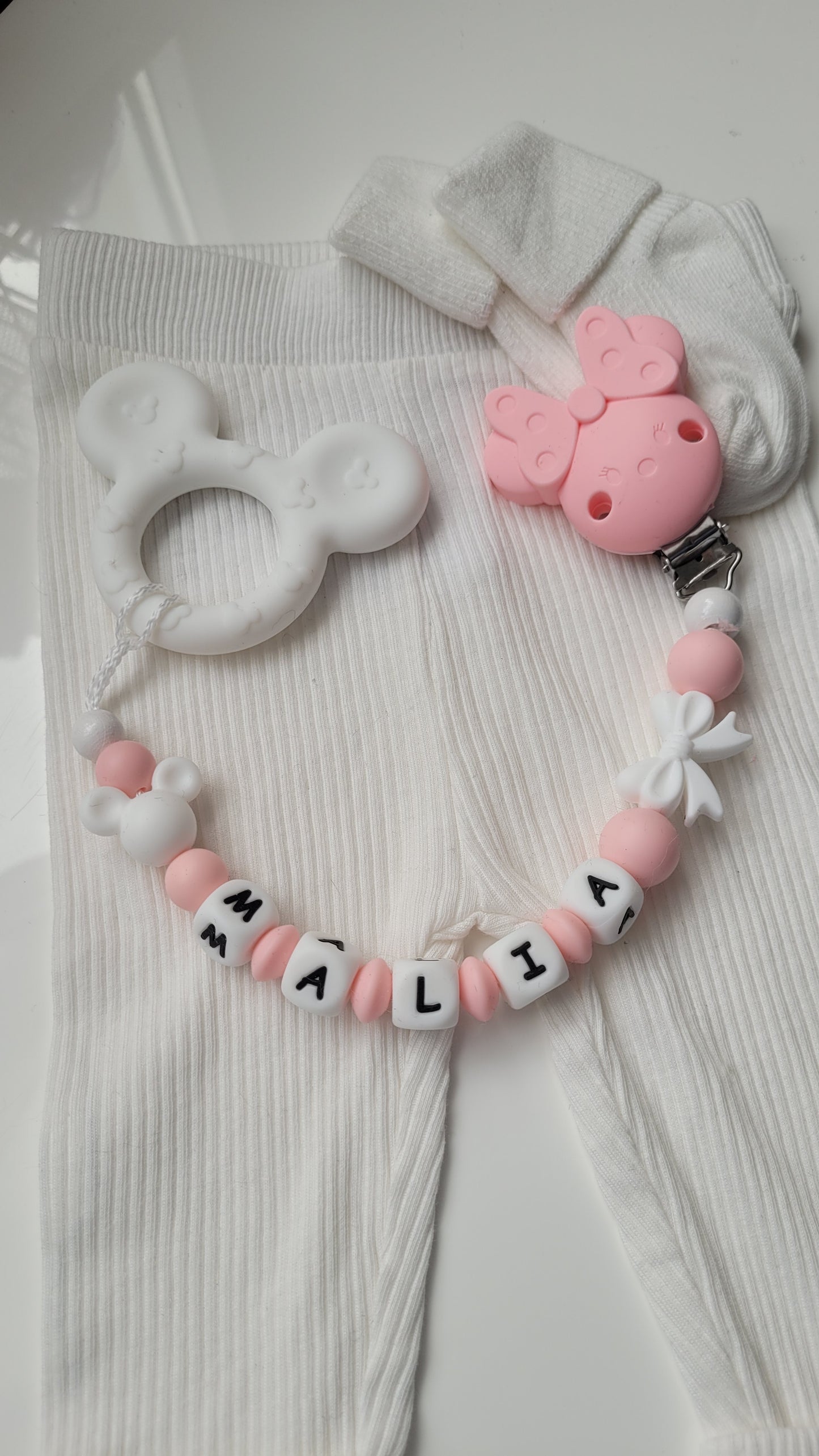 3 in 1 Beissring Schnullerkette mit Namen  Maus rosa weiss