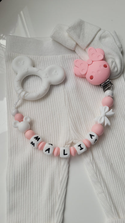 3 in 1 Beissring Schnullerkette mit Namen  Maus rosa weiss